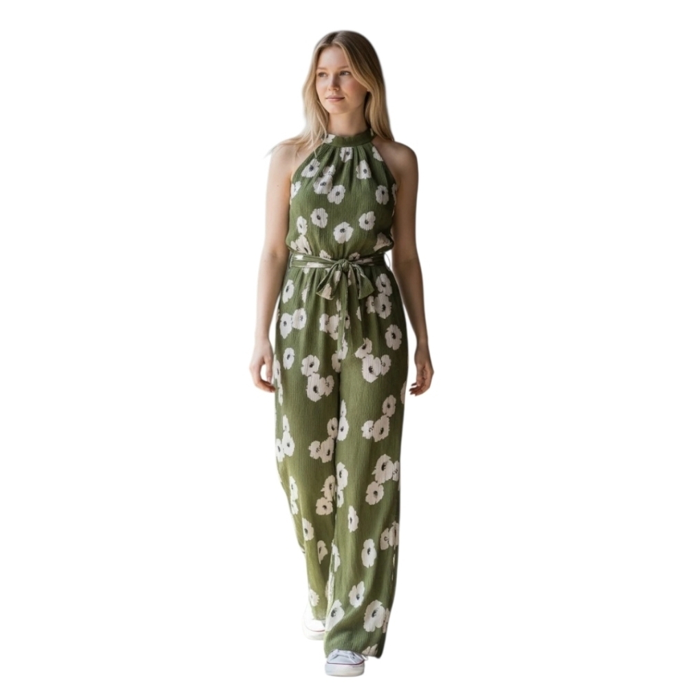 Monteau Olive Green and Cream Floral Halter Sleeveless Jumpsuit Size Small NWT